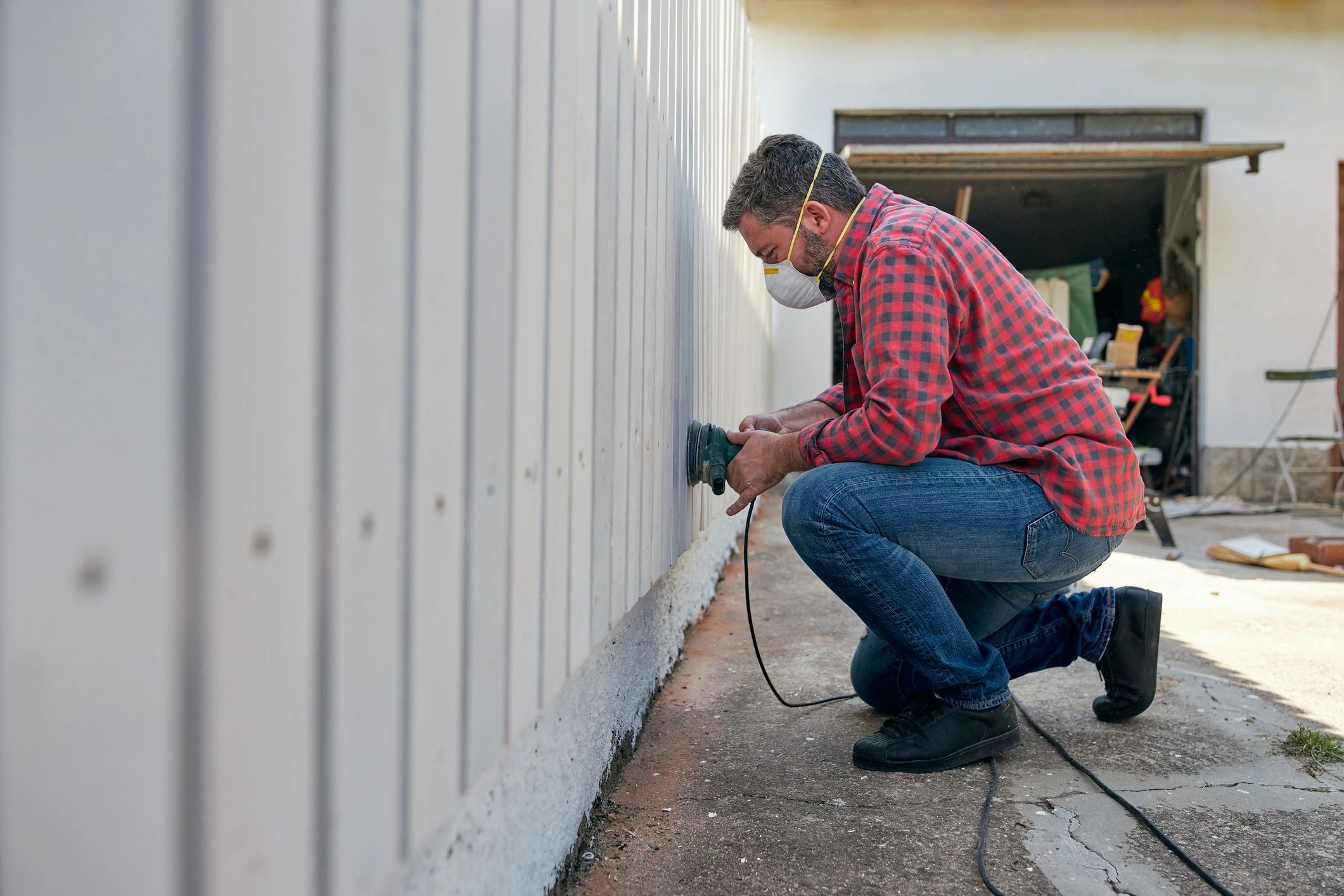 Technician sealing an exterior gap to help prevent rodents