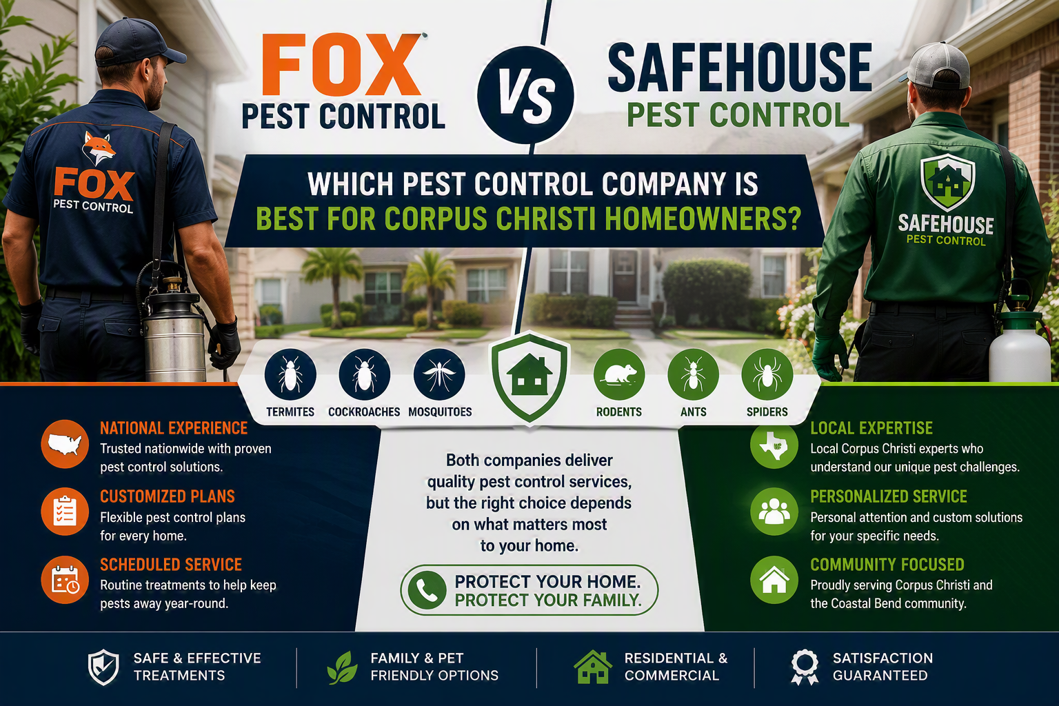 Fox Pest Control vs SafeHouse Pest Control comparison for homeowners seeking pest control services in Corpus Christi, Texas